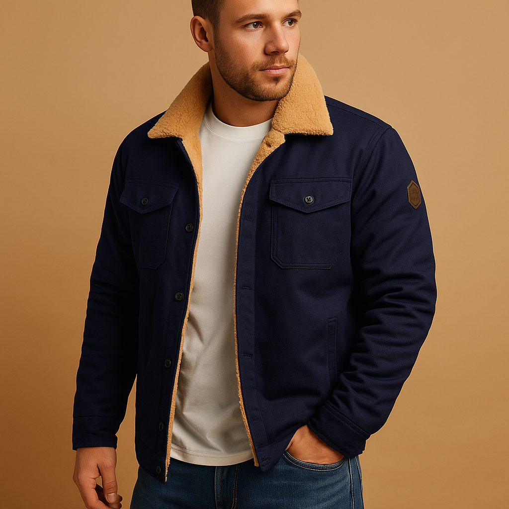Men’s winter bomber jacket with ribbed cuffs and insulating lining, suitable for casual outfits and winter outings.
