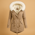 Long waterproof winter coat for women with faux fur hood, warm lining, and elegant silhouette, available in six colors for cold-weather wear.