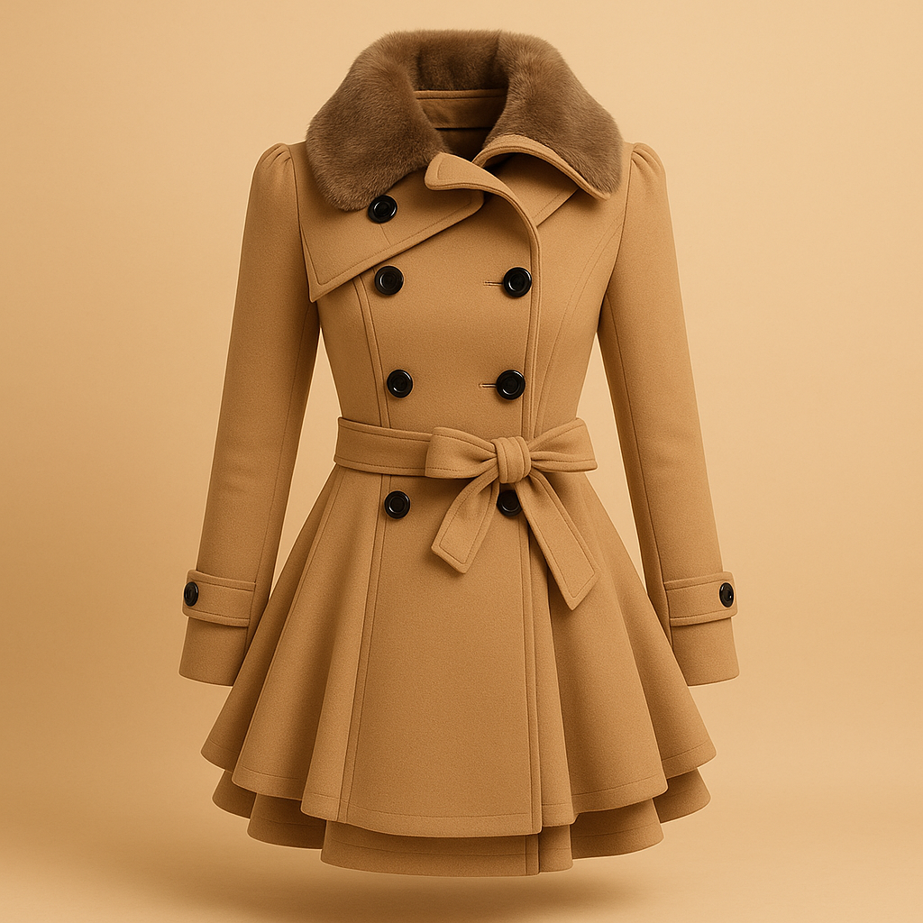 Woman wearing a long winter coat with a faux fur collar and elegant silhouette, ideal for daily outings, city walks, and special events.