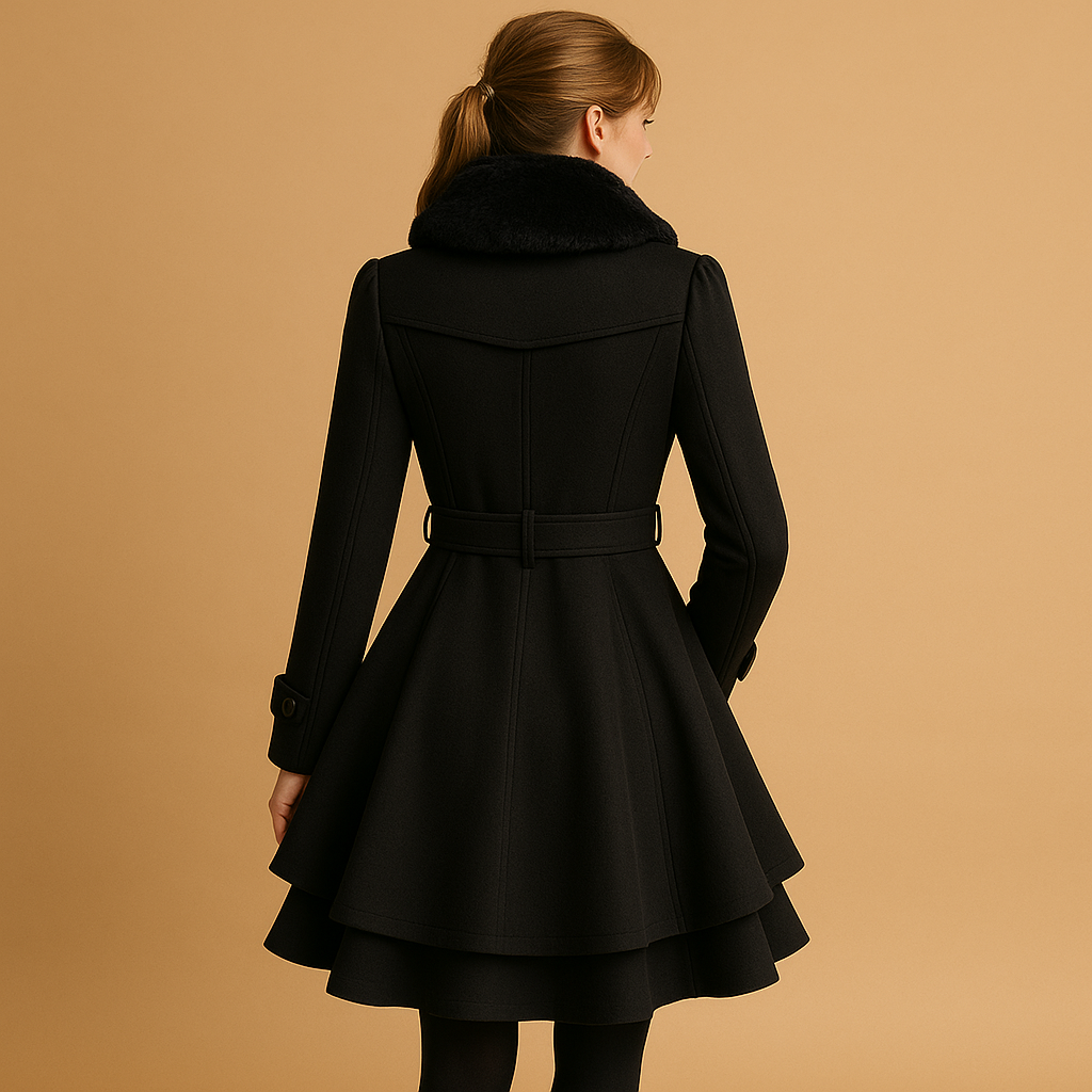 Woman wearing a long winter coat with a faux fur collar and elegant silhouette, ideal for daily outings, city walks, and special events.