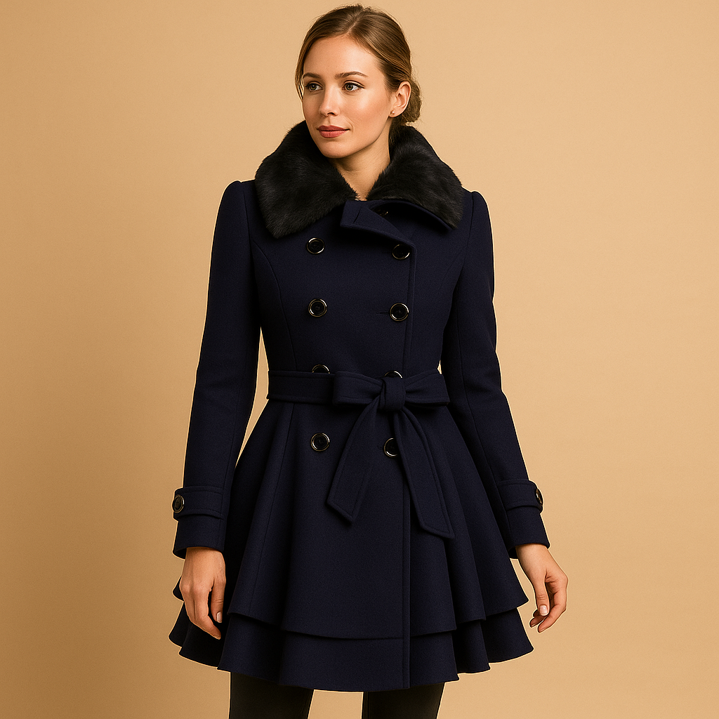 Woman wearing a long winter coat with a faux fur collar and elegant silhouette, ideal for daily outings, city walks, and special events.