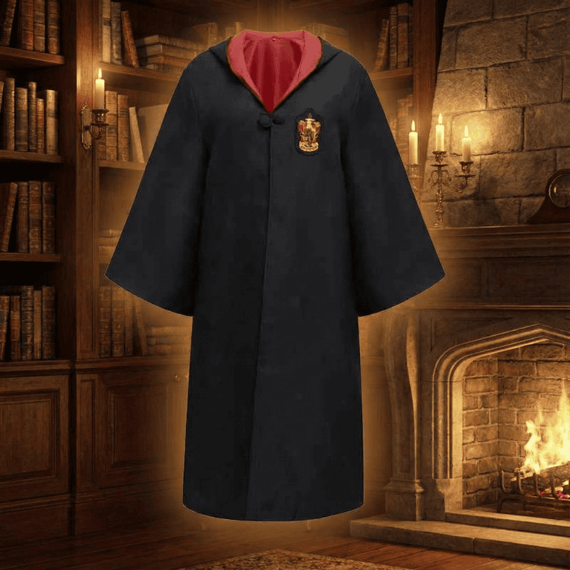 Wizard Costume Robe with Embroidered Crest Hooded Design and Flared Sleeves - Image 1