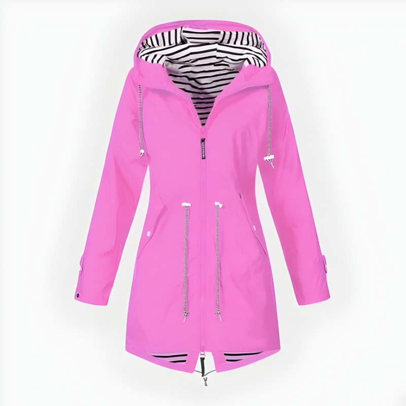 Women's Hooded Rain Jacket with Waterproof Striped Lining and Drawstring Waist - Image 1