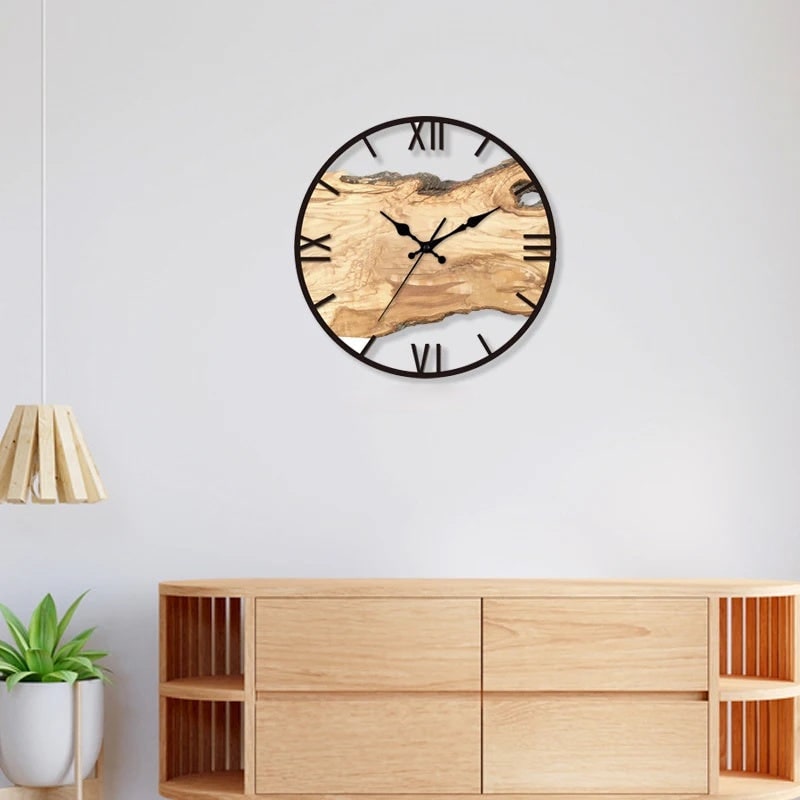 Wood Wall Clock with Live Edge Roman Numerals and Modern Minimalist Design - Image 1