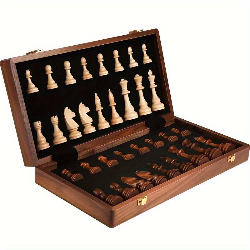 Wooden Chess Set with Folding Board Storage Slots and Staunton Pieces - Image 3