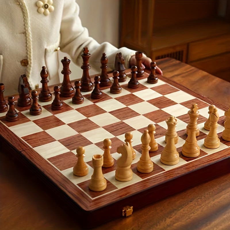 Wooden Chess Set with Folding Board Storage Slots and Staunton Pieces - Image 5