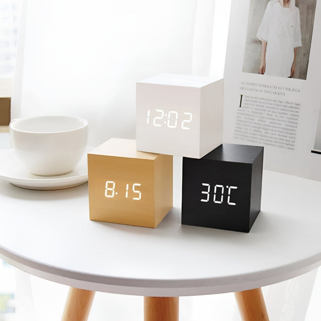 Wooden Cube Digital Alarm Clock with Temperature Display and LED Digits - Image 1