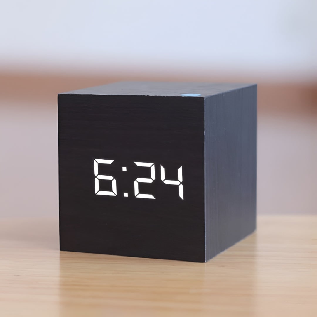 Wooden Cube Digital Alarm Clock with Temperature Display and LED Digits - Image 2