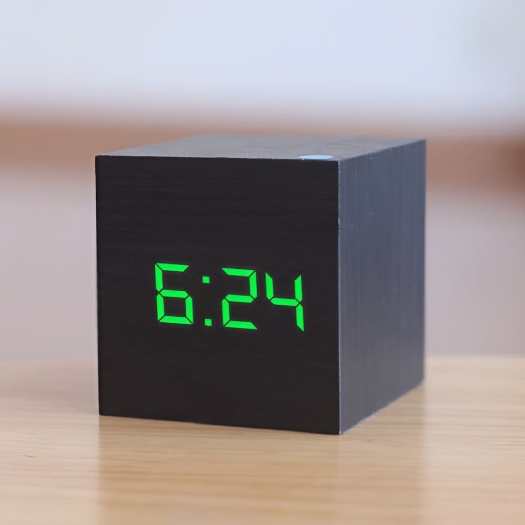 Wooden Cube Digital Alarm Clock with Temperature Display and LED Digits - Image 3