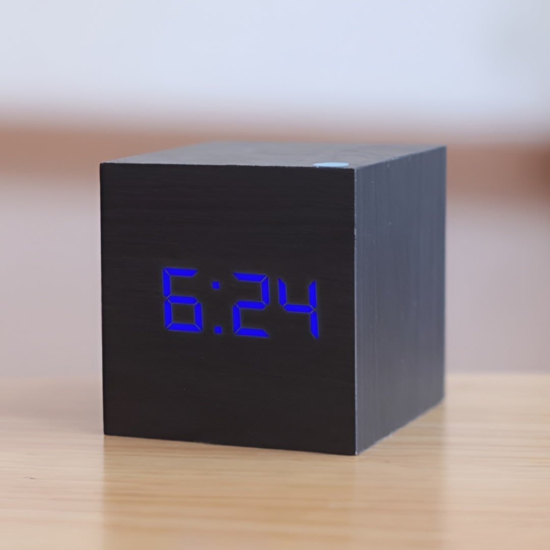 Wooden Cube Digital Alarm Clock with Temperature Display and LED Digits - Image 4