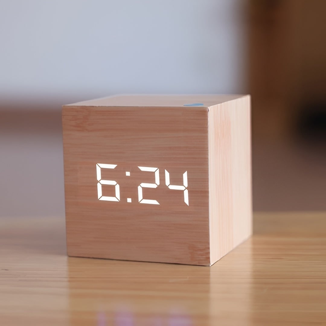 Wooden Cube Digital Alarm Clock with Temperature Display and LED Digits - Image 7
