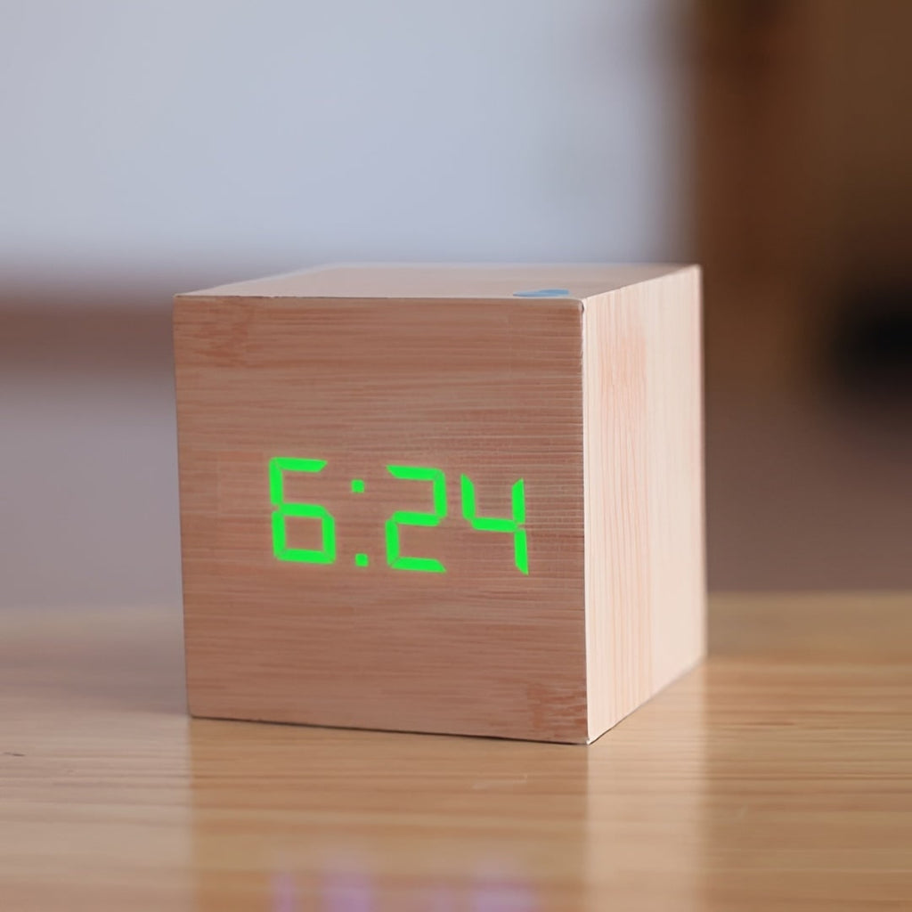 Wooden Cube Digital Alarm Clock with Temperature Display and LED Digits - Image 8