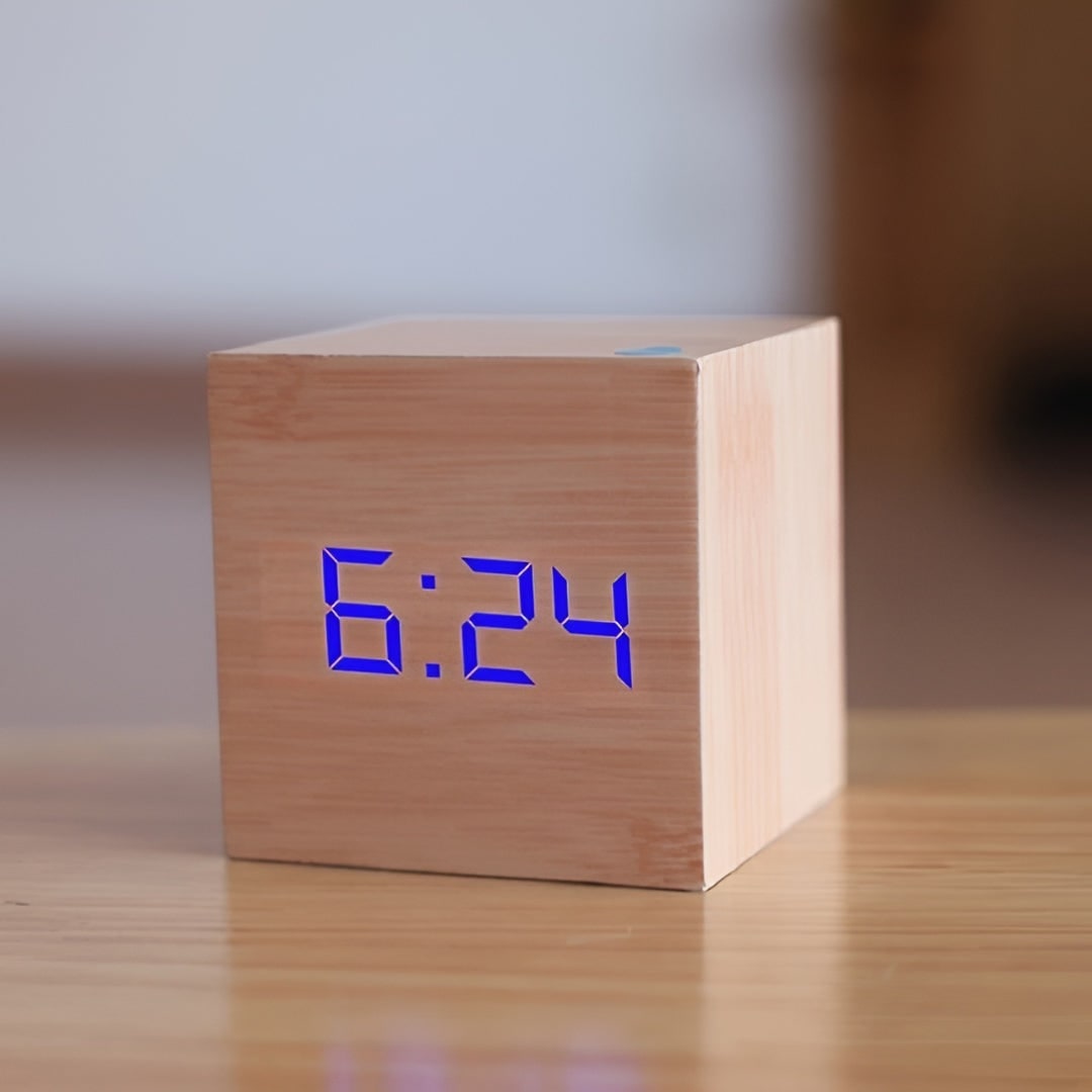 Wooden Cube Digital Alarm Clock with Temperature Display and LED Digits - Image 9