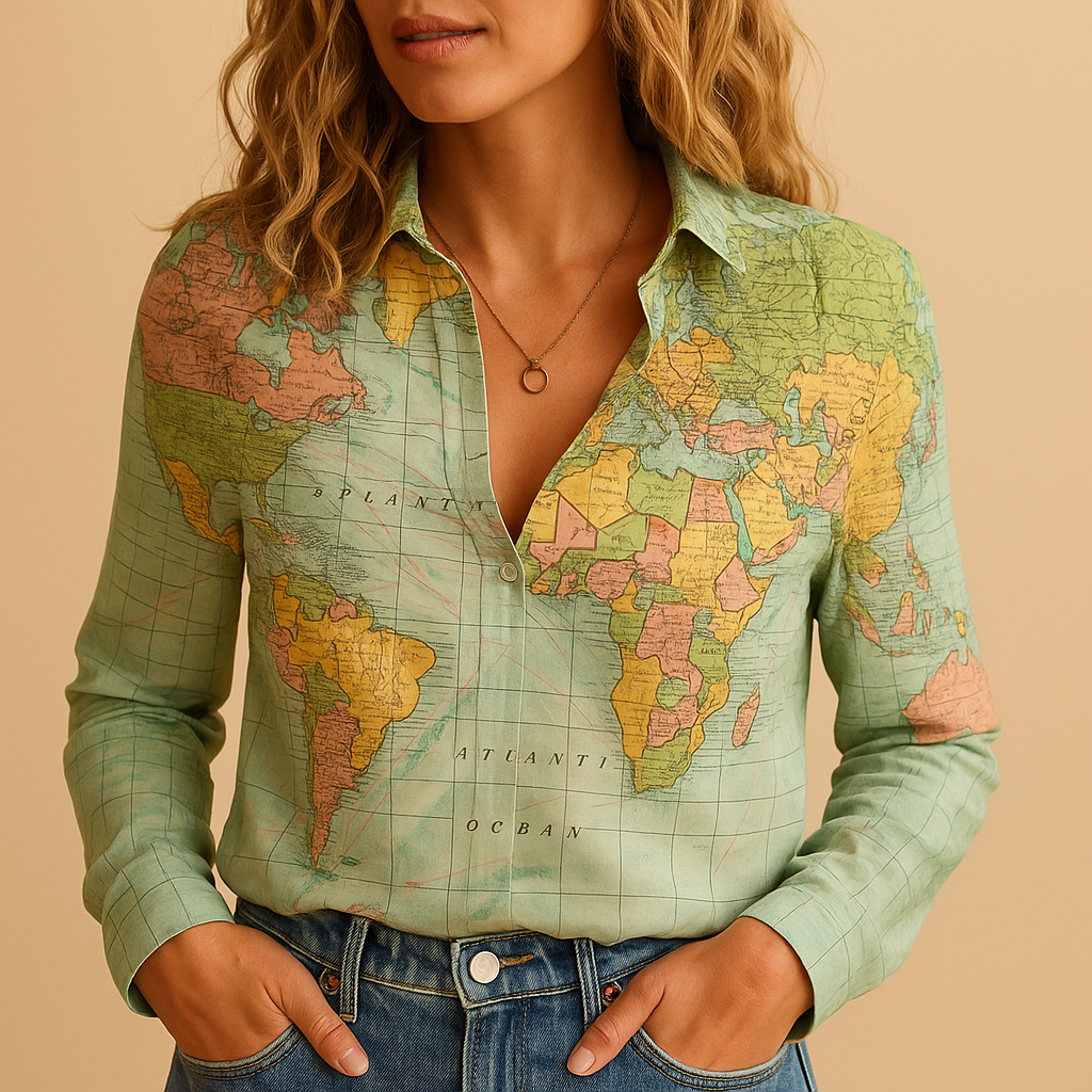 Women’s lightweight green blouse with world map print and half button closure, ideal for travel, casual wear and stylish work outfits.