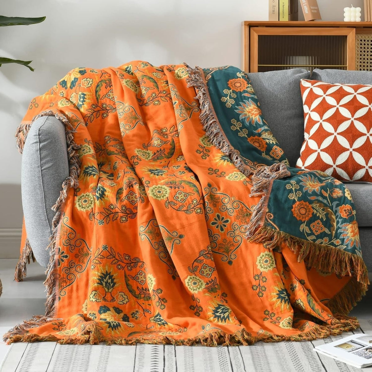 Woven Throw Blanket with Floral Pattern Reversible Cotton Design and Fringe Edges - Image 1