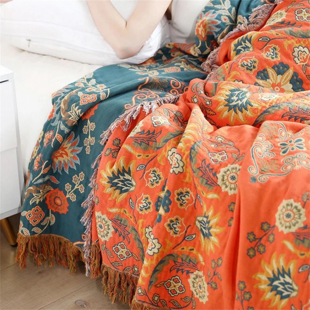 Woven Throw Blanket with Floral Pattern Reversible Cotton Design and Fringe Edges - Image 2