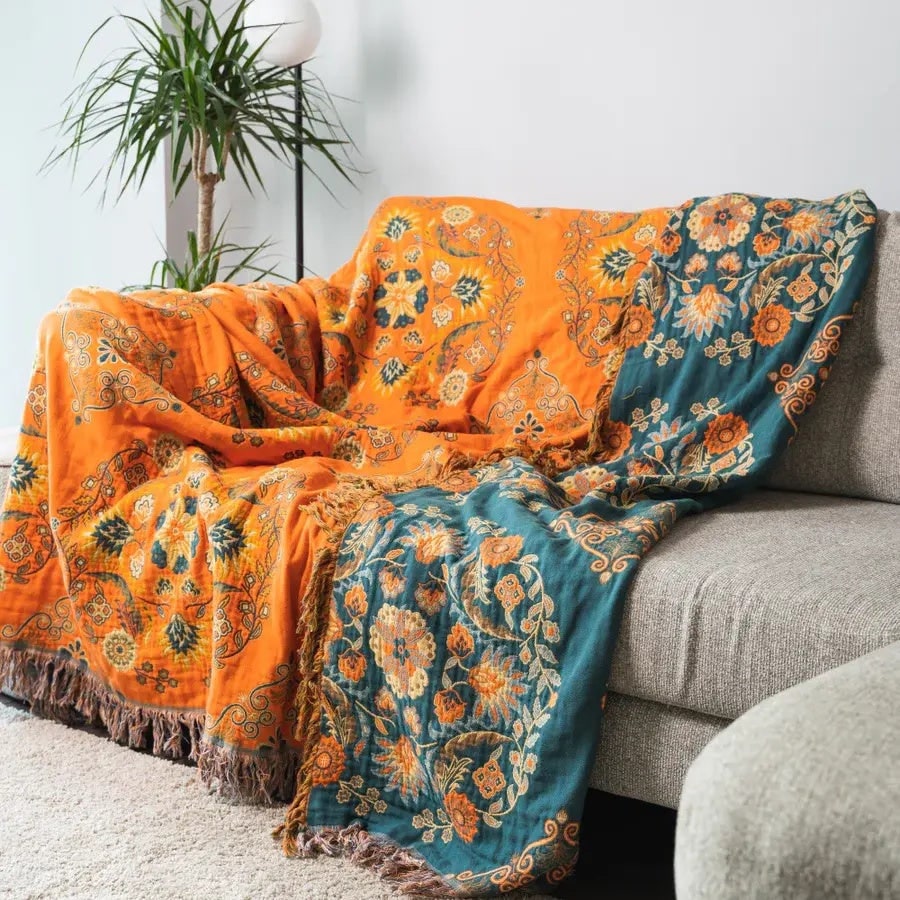 Woven Throw Blanket with Floral Pattern Reversible Cotton Design and Fringe Edges - Image 3