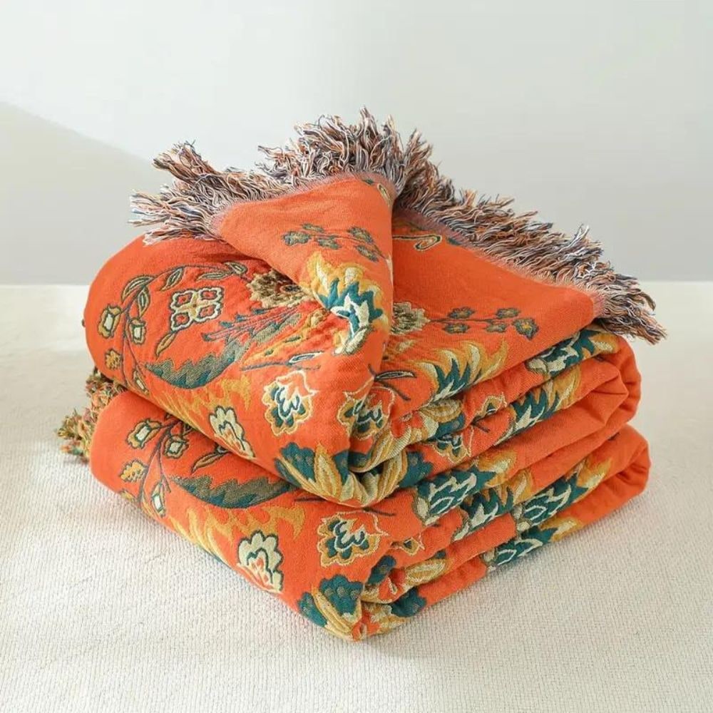Woven Throw Blanket with Floral Pattern Reversible Cotton Design and Fringe Edges - Image 5
