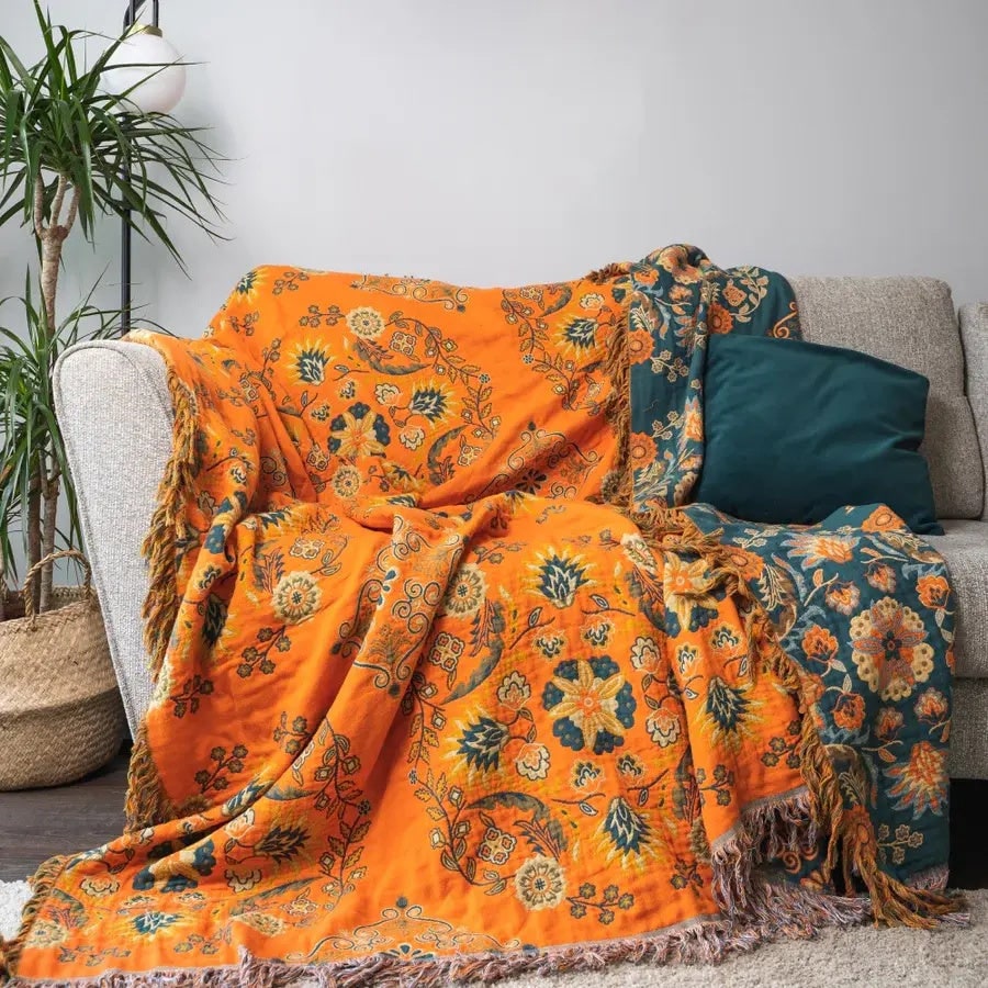 Woven Throw Blanket with Floral Pattern Reversible Cotton Design and Fringe Edges - Image 6