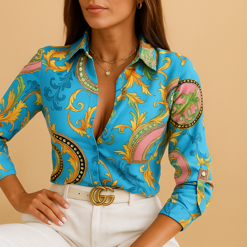 Women’s wrap-neck blouse with a bold print and loose fit, ideal for office wear, evenings out, and stylish daily outfits.