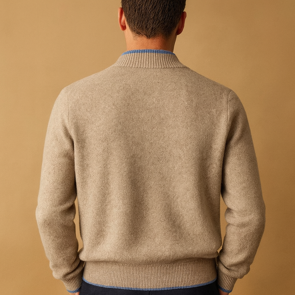 Men’s zip-up cardigan with a knitted collar in a minimalist design, offering warm and comfortable layering for autumn and winter outfits.