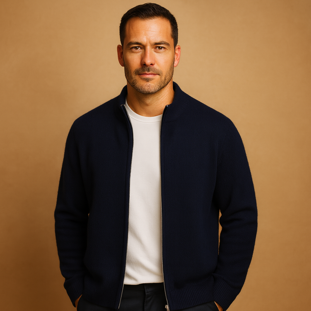 Men’s zip-up cardigan with a knitted collar in a minimalist design, offering warm and comfortable layering for autumn and winter outfits.