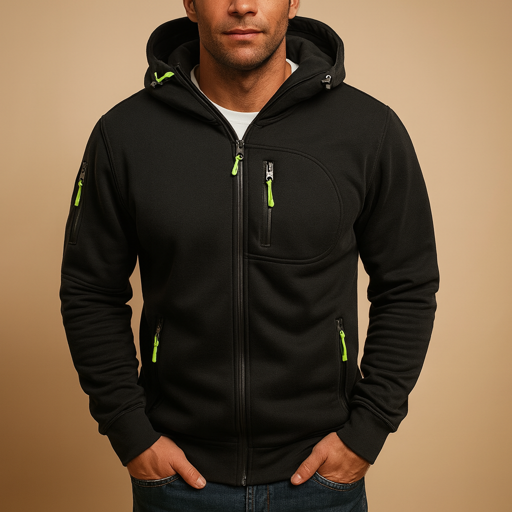 Men’s zip-up hooded sweatshirt in breathable fabric, ideal for casual and sporty outfits during autumn and winter.