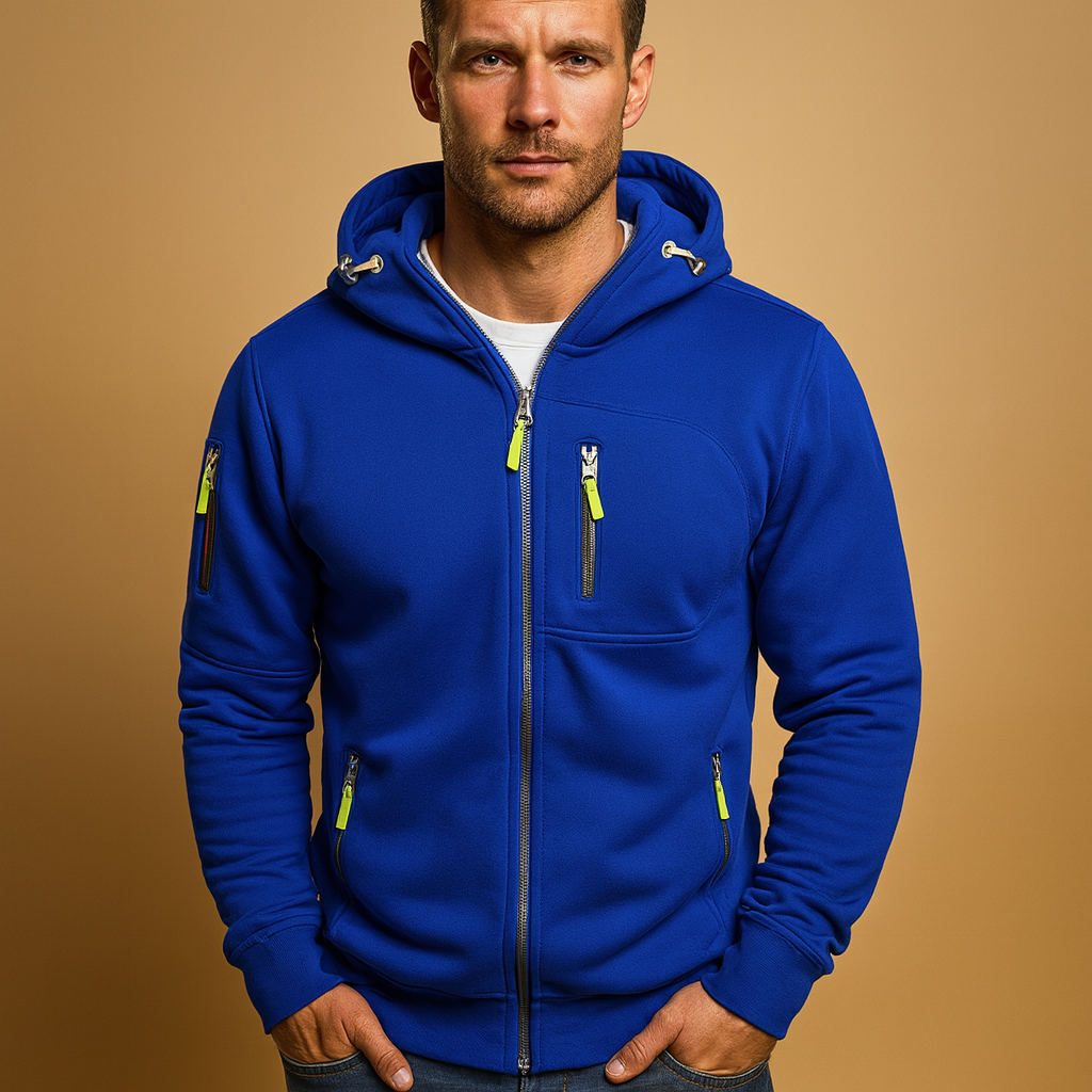 Men’s zip-up hooded sweatshirt in breathable fabric, ideal for casual and sporty outfits during autumn and winter.