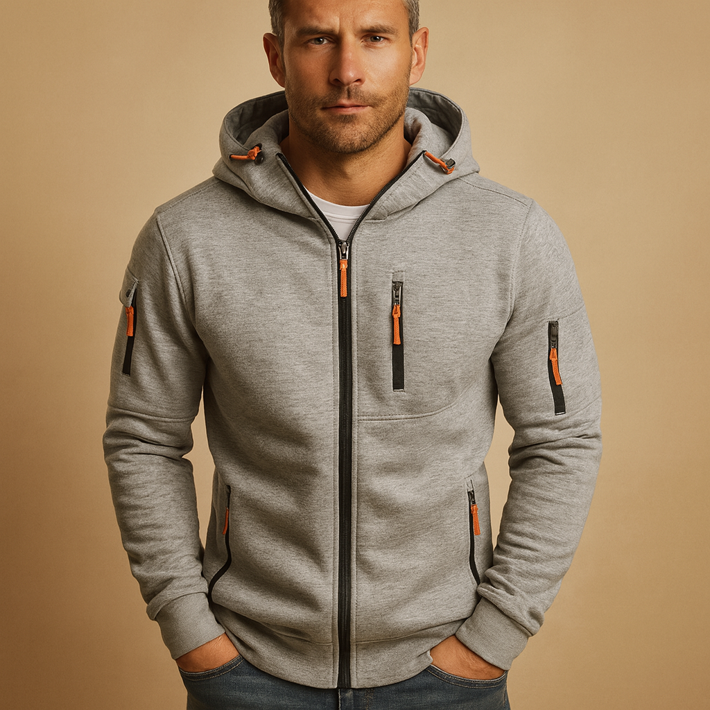 Men’s zip-up hooded sweatshirt in breathable fabric, ideal for casual and sporty outfits during autumn and winter.